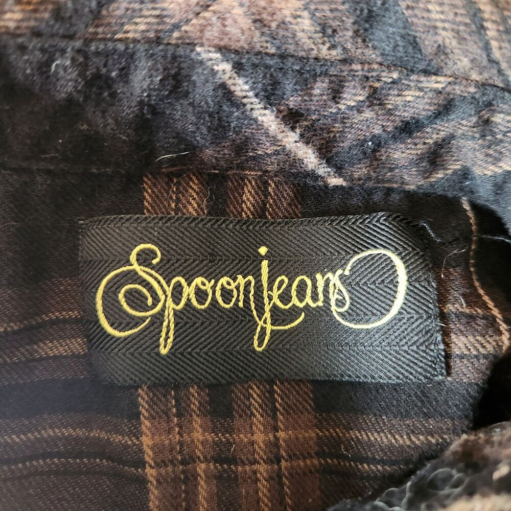 Spoon Jeans Crop Brown and Cream Check Flannel Button Down, Medium - Picture 4 of 8